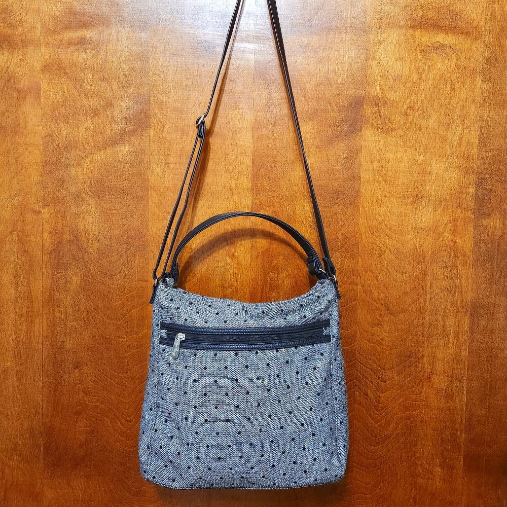 Crossbody Shoulder Satchel Bag Black Tweed Dot Zip Closure